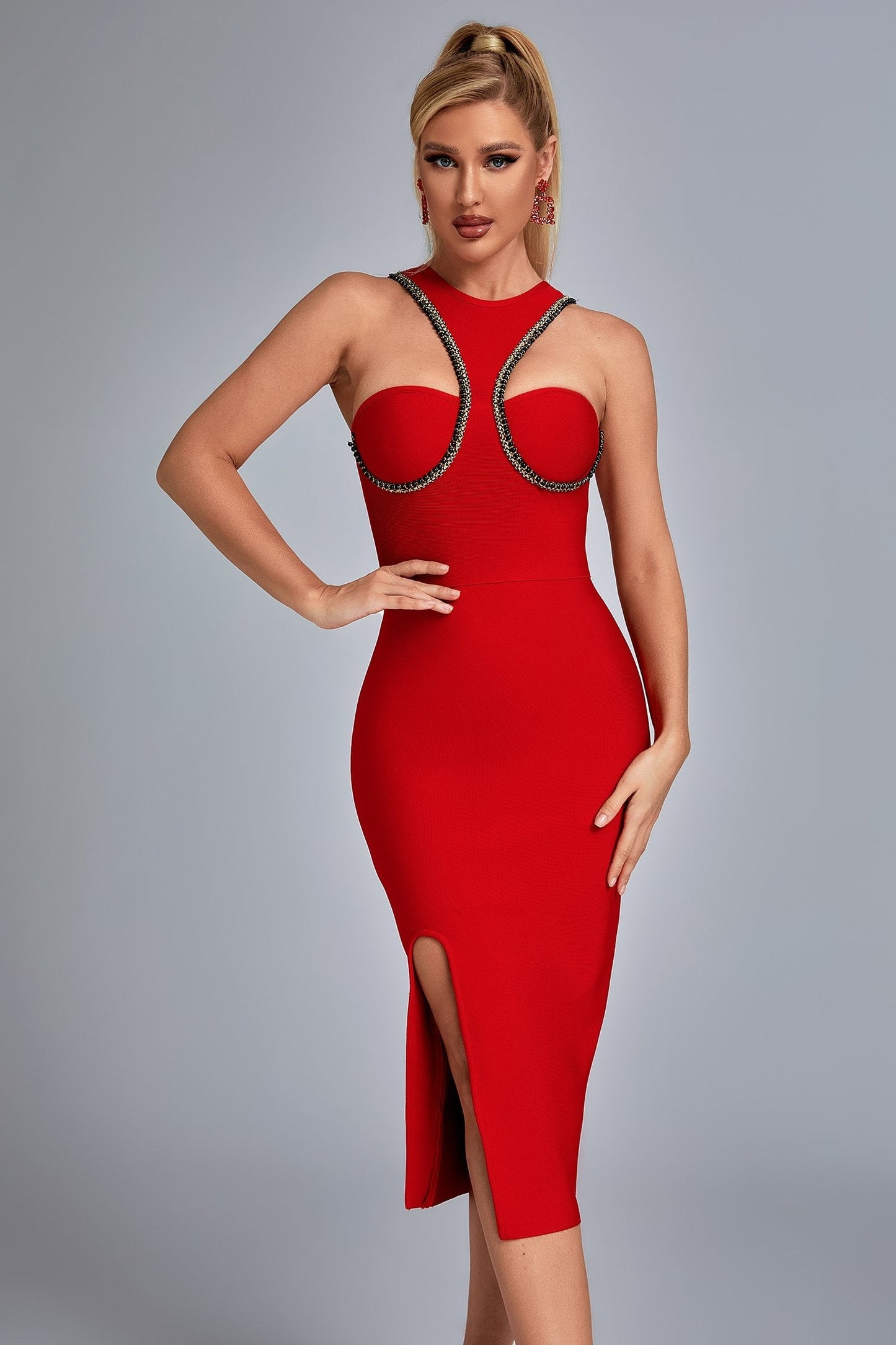 Robe Bandage Sexy Rouge – Robe de Soirée, Découpe, Col Haut, Fendue – RDC eBUYZONE.NET