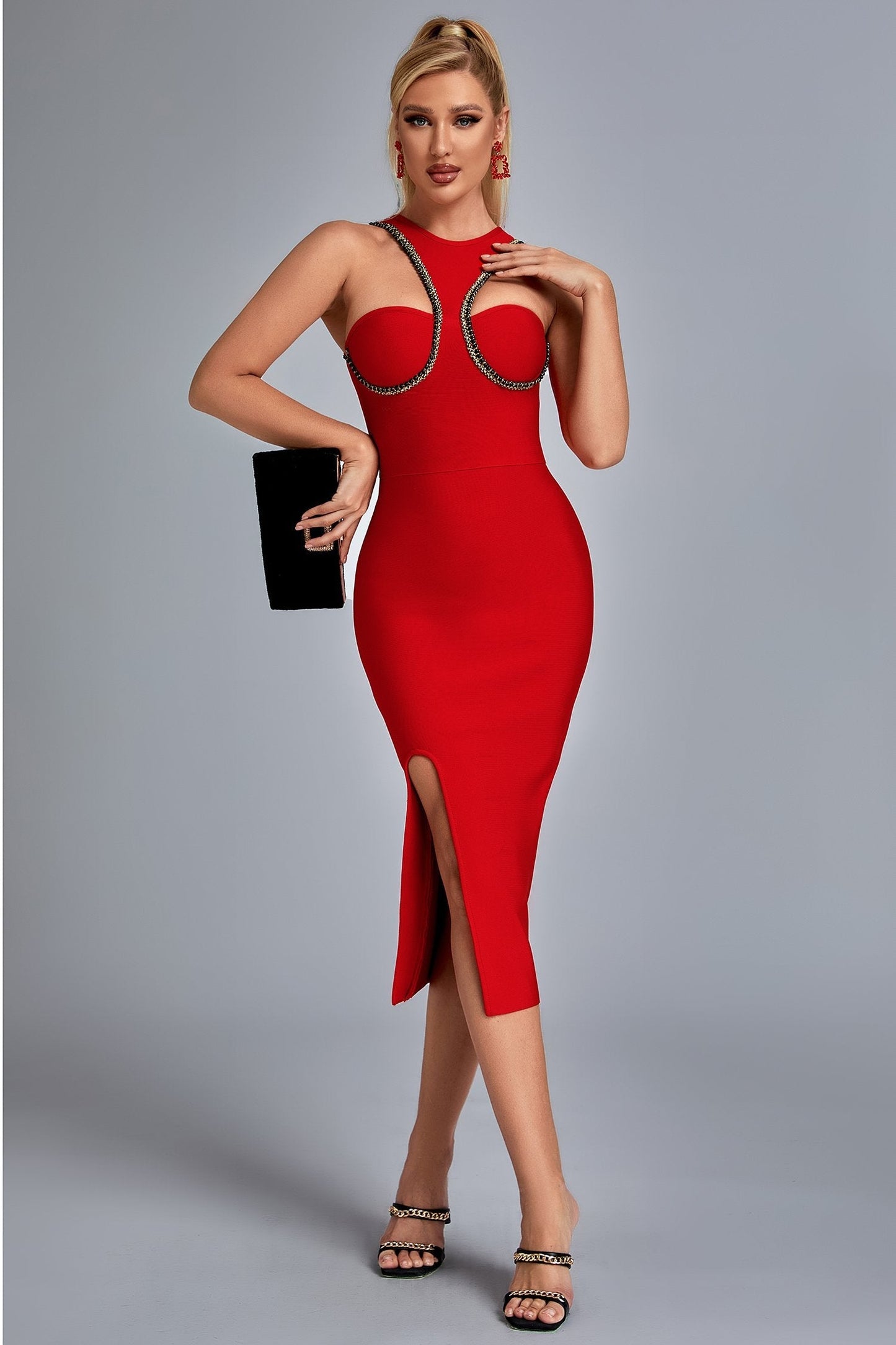 Robe Bandage Sexy Rouge – Robe de Soirée, Découpe, Col Haut, Fendue – RDC eBUYZONE.NET