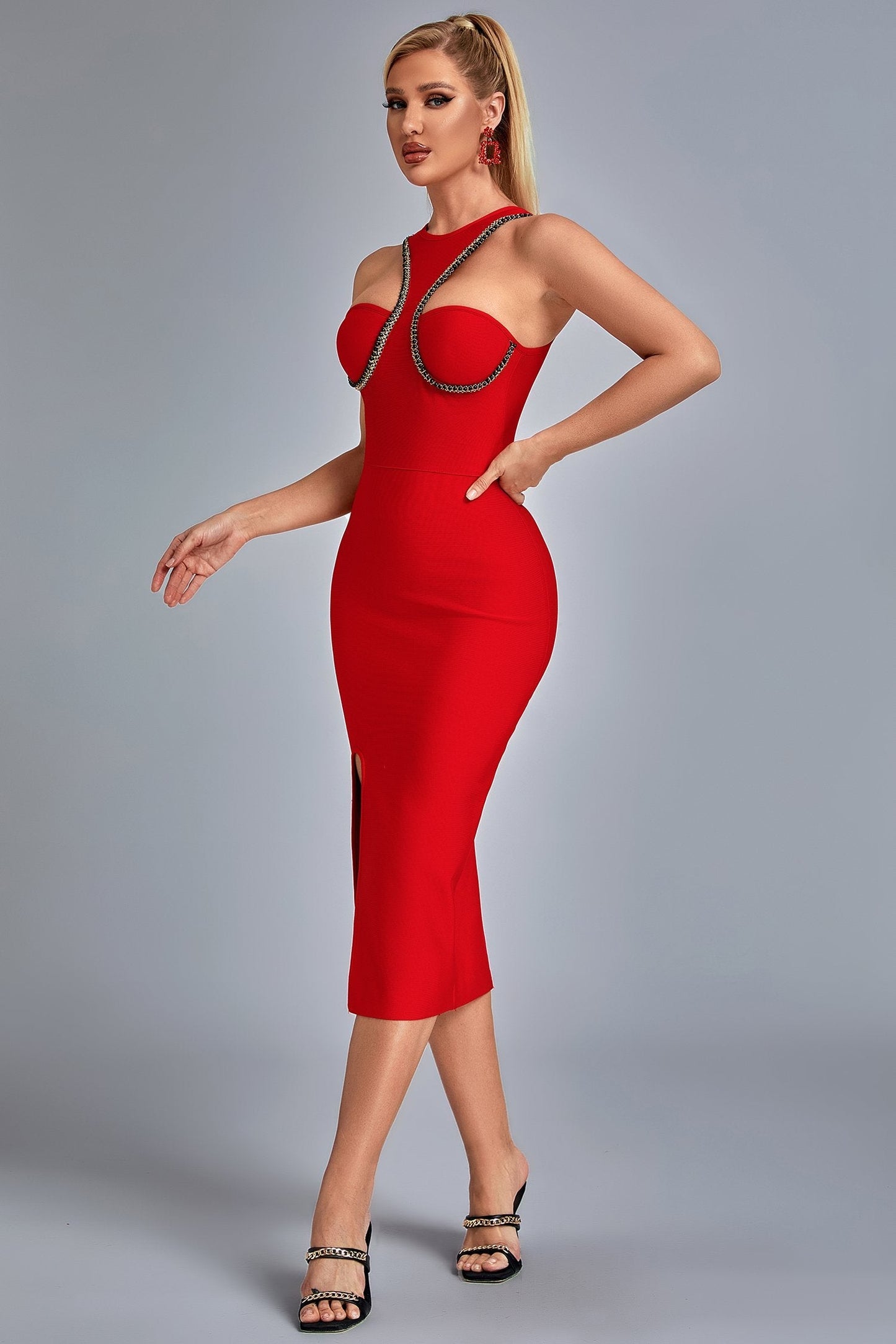 Robe Bandage Sexy Rouge – Robe de Soirée, Découpe, Col Haut, Fendue – RDC eBUYZONE.NET