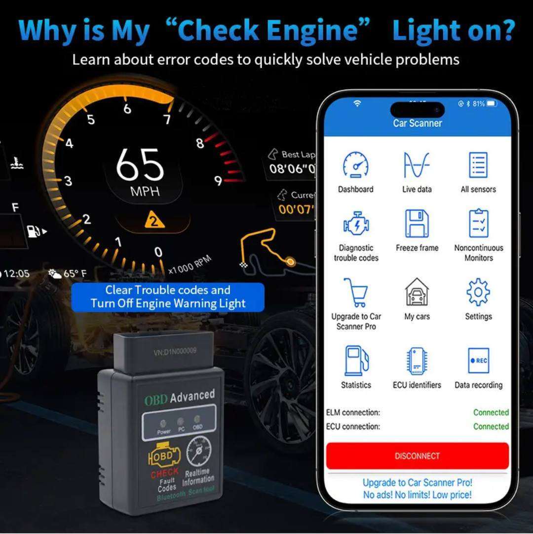 Scanner ELM327 OBD2 Bluetooth utilisé avec application Car Scanner pour effacer codes défauts – disponible en RDC.