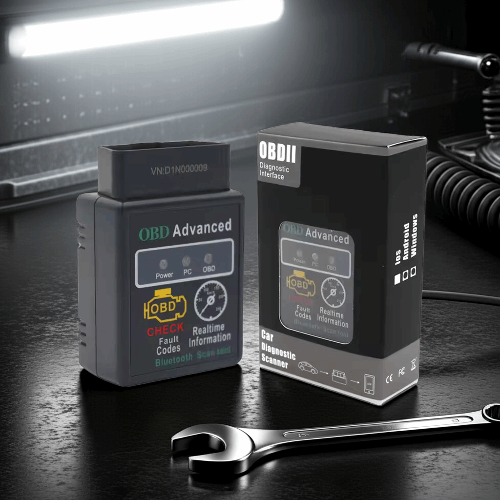 OBD2 ELM327 V1.5 et boîte posés sur table d’atelier, diagnostic Bluetooth auto – disponible en RDC.