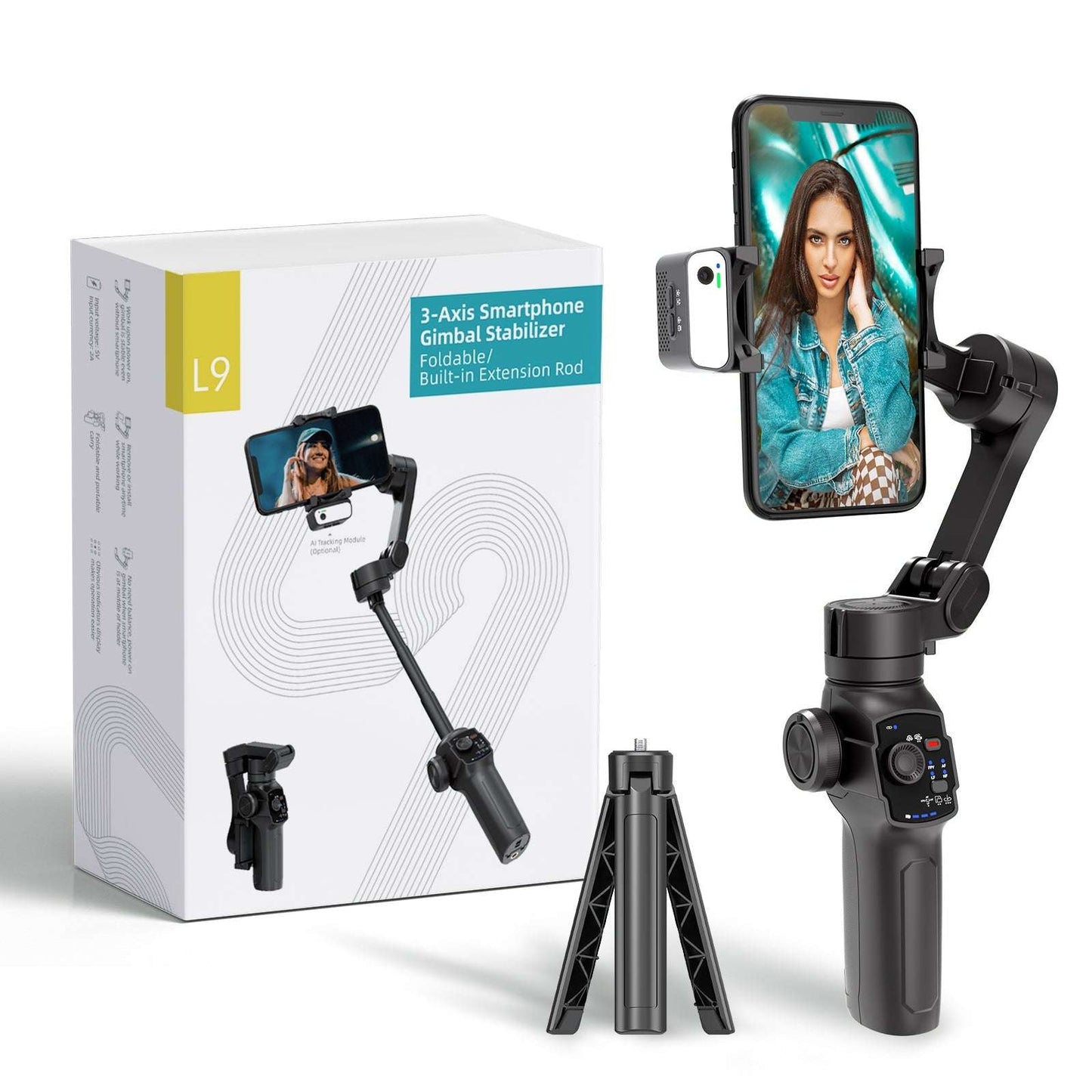 L9 Gimbal smartphone 3 axes, pack avec stabilisateur, boîte et trépied pour vidéo mobile – disponible en RDC.