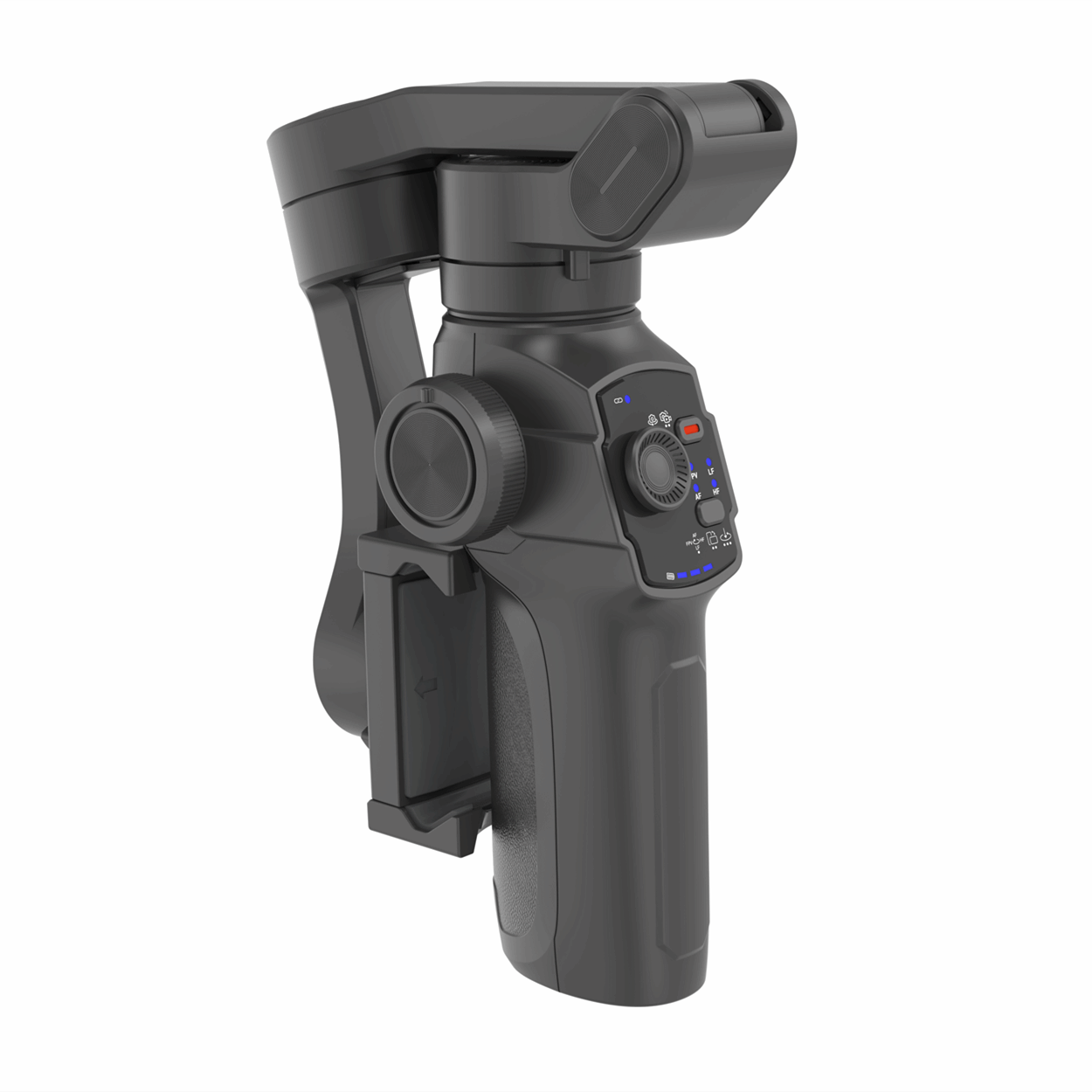 Stabilisateur L9 Gimbal smartphone, format compact replié, poignée ergonomique et commandes AI – disponible en RDC.