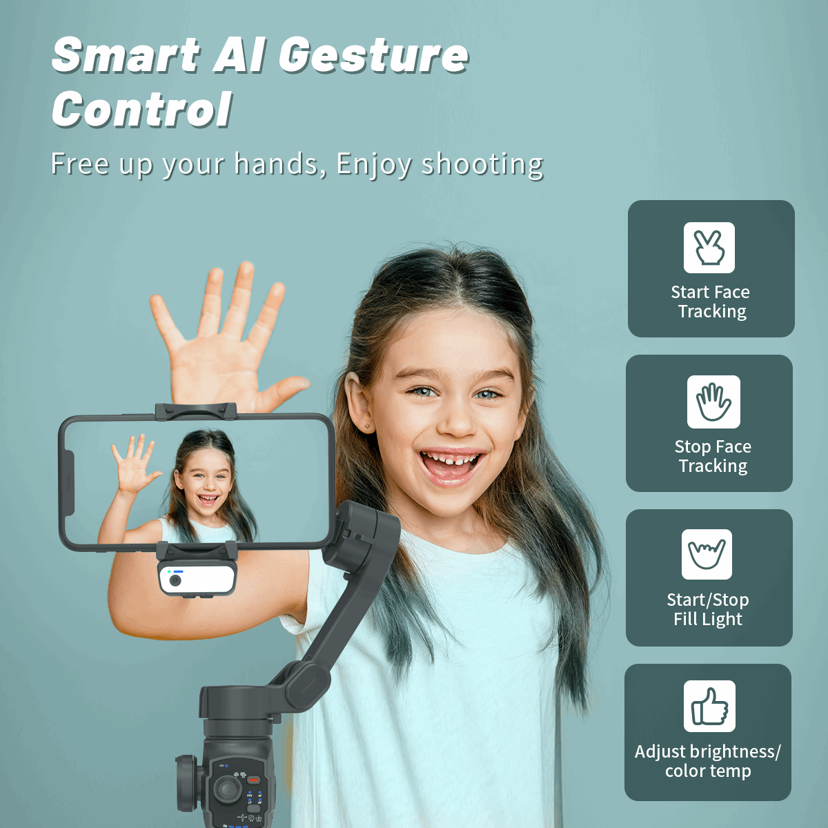 L9 Gimbal avec contrôle gestuel AI, suivi de visage pour prise de vue mains libres sur smartphone – disponible en RDC.