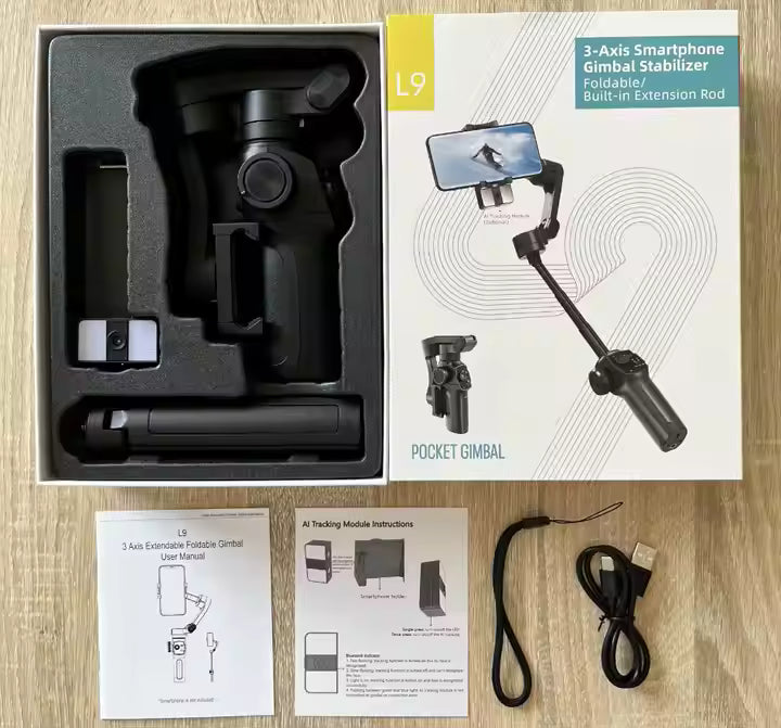 Coffret du L9 Gimbal smartphone, présentation du stabilisateur 3 axes avec accessoires inclus – disponible en RDC.