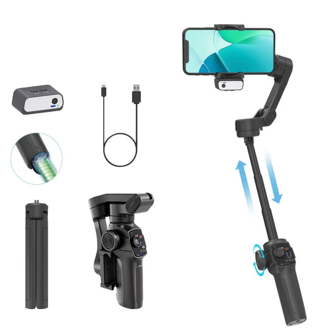L9 Gimbal avec extension intégrée, accessoires inclus pour stabilisation vidéo mobile – disponible en RDC.
