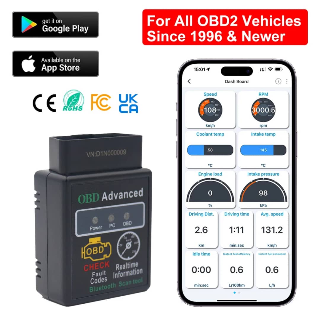 Scanner auto OBD2 ELM327 affiché avec application mobile diagnostic, compatibilité universelle – disponible en RDC.