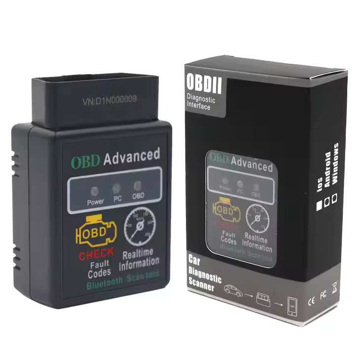 Boîtier ELM327 OBD2 Bluetooth V1.5 et emballage diagnostic auto sans fil, disponible en RDC.