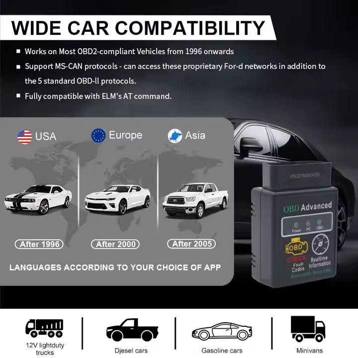 Compatibilité ELM327 OBD2 Bluetooth avec voitures USA 1996, Europe 2001, Asie 2005, différents modèles – disponible en RDC.