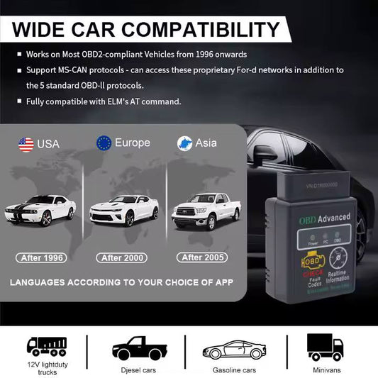 Compatibilité ELM327 OBD2 Bluetooth avec voitures USA 1996, Europe 2001, Asie 2005, différents modèles – disponible en RDC.