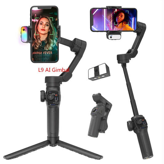 L9 Gimbal smartphone, stabilisateur portable 3 axes avec suivi AI et différents angles d’utilisation – disponible en RDC.