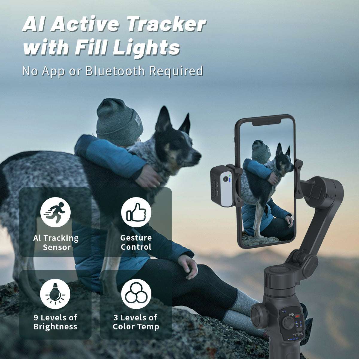 Stabilisateur L9 Gimbal avec suivi AI, contrôle gestuel et lumière intégrée, idéal vlog ou extérieur – disponible en RDC.